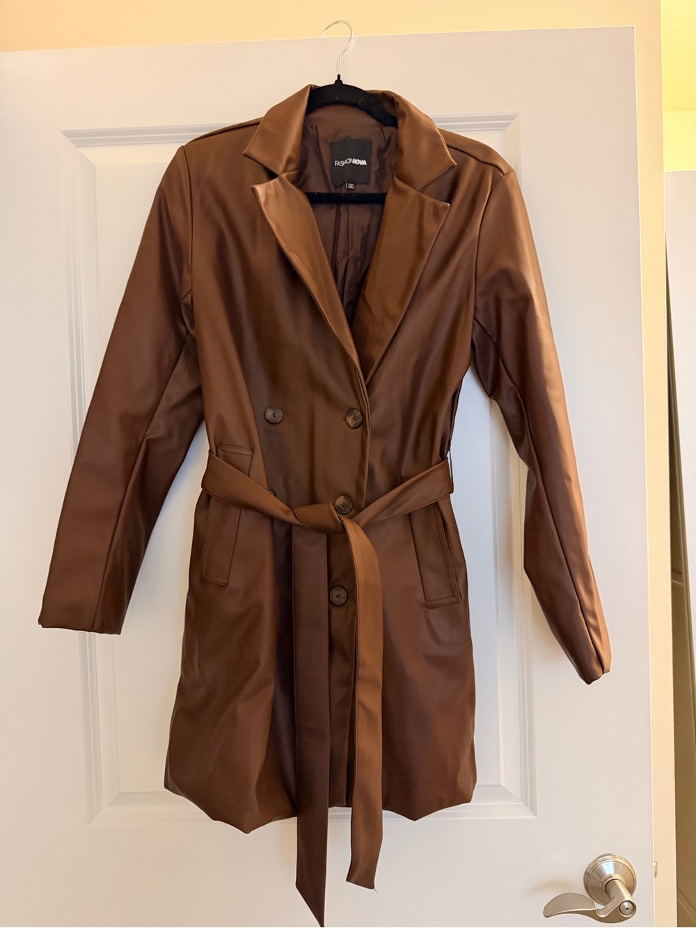 Fashion Nova Brown Faux Leather Double-Breasted Trench Jacket - Picture 4 of 5